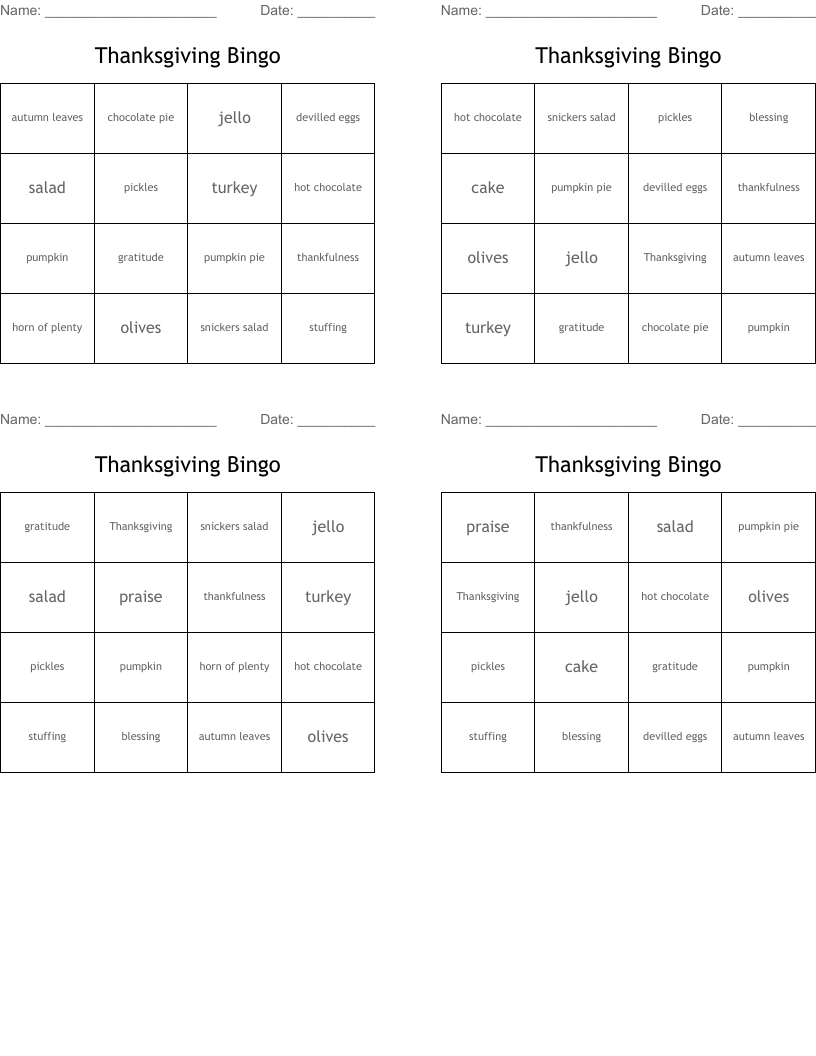 Thanksgiving Bingo