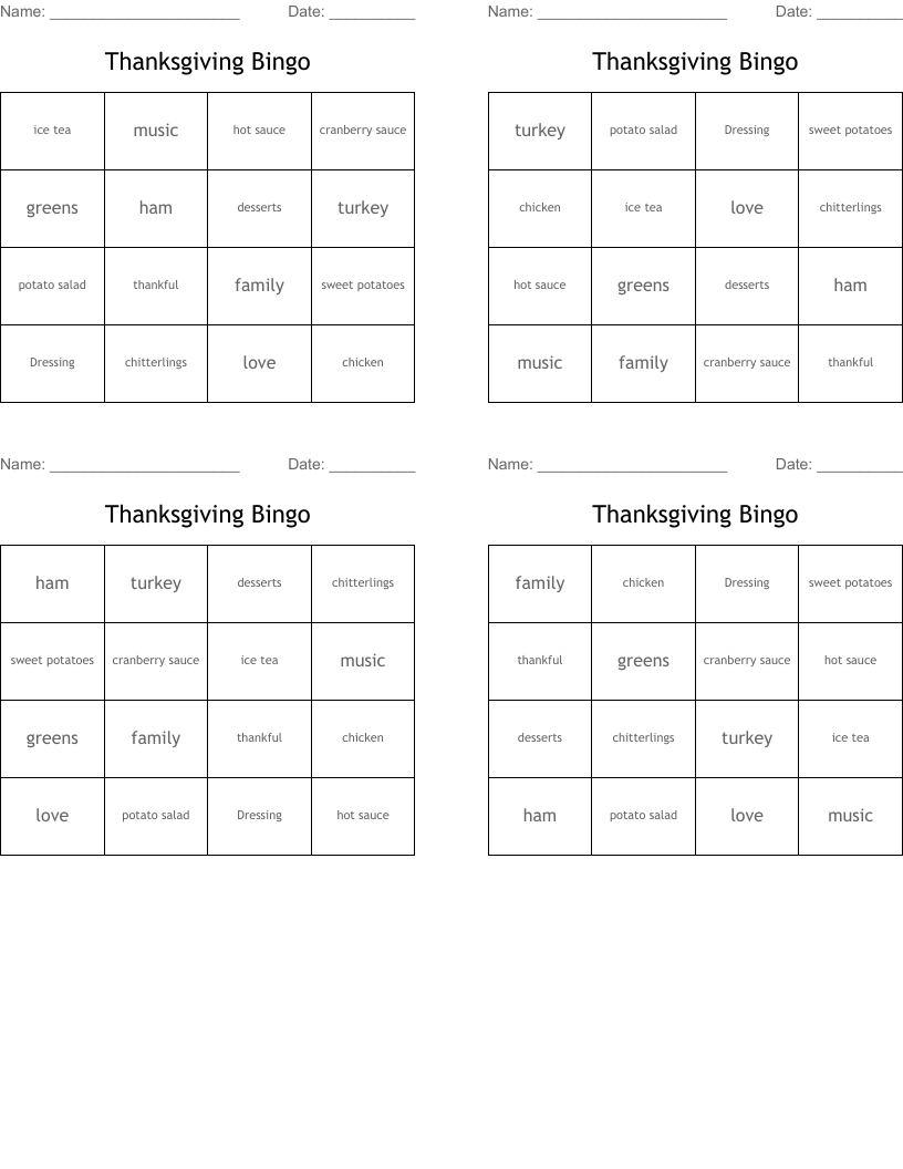 Thanksgiving Bingo