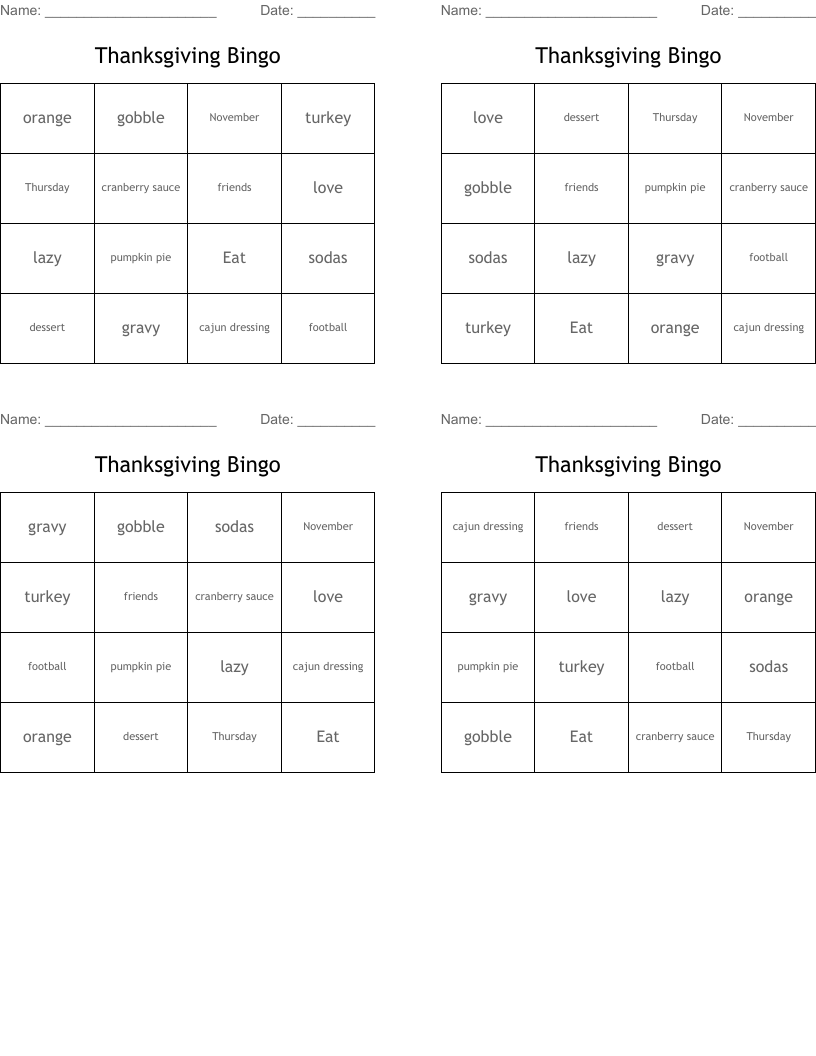 Thanksgiving Bingo