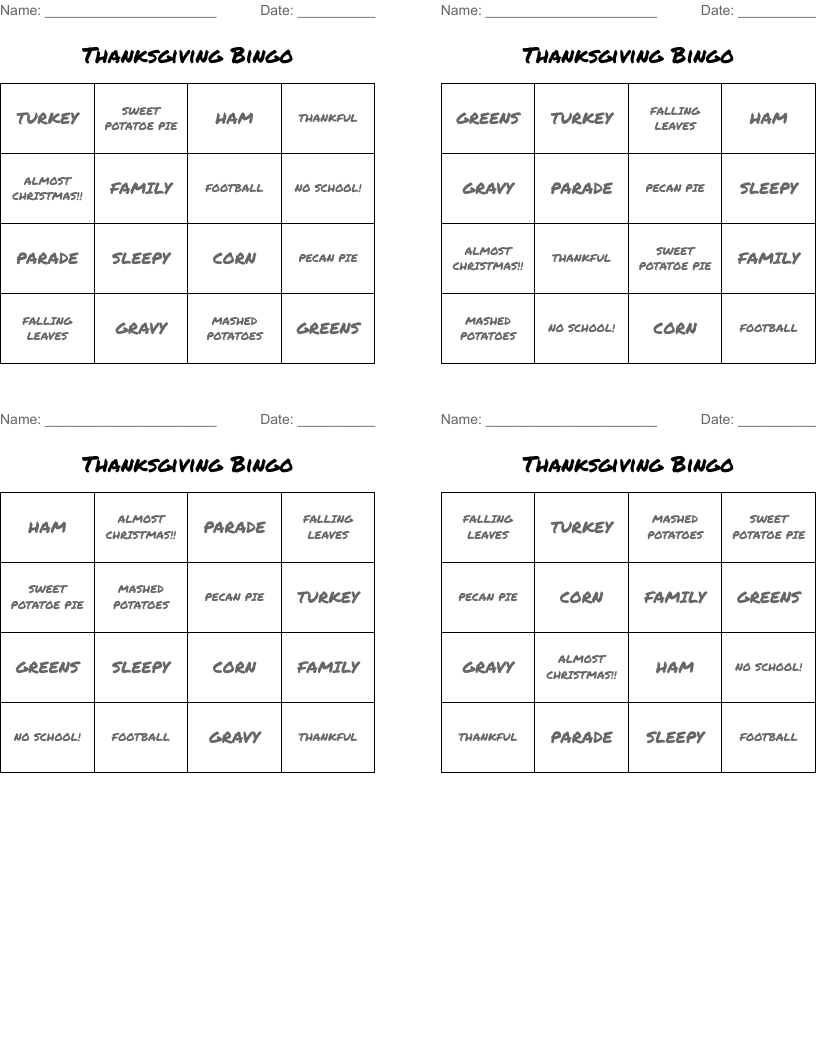Thanksgiving Bingo