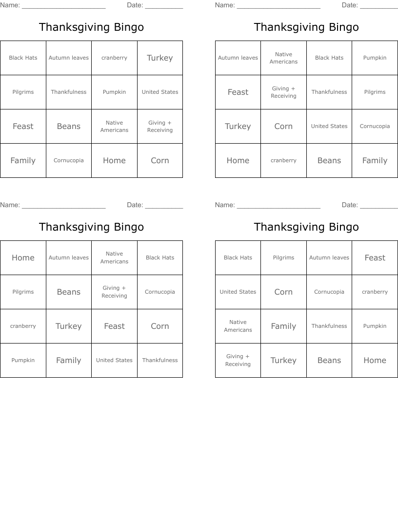 Thanksgiving Bingo