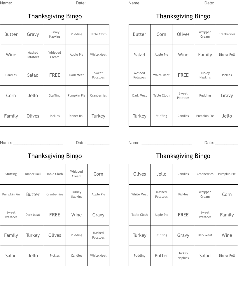 Thanksgiving Bingo