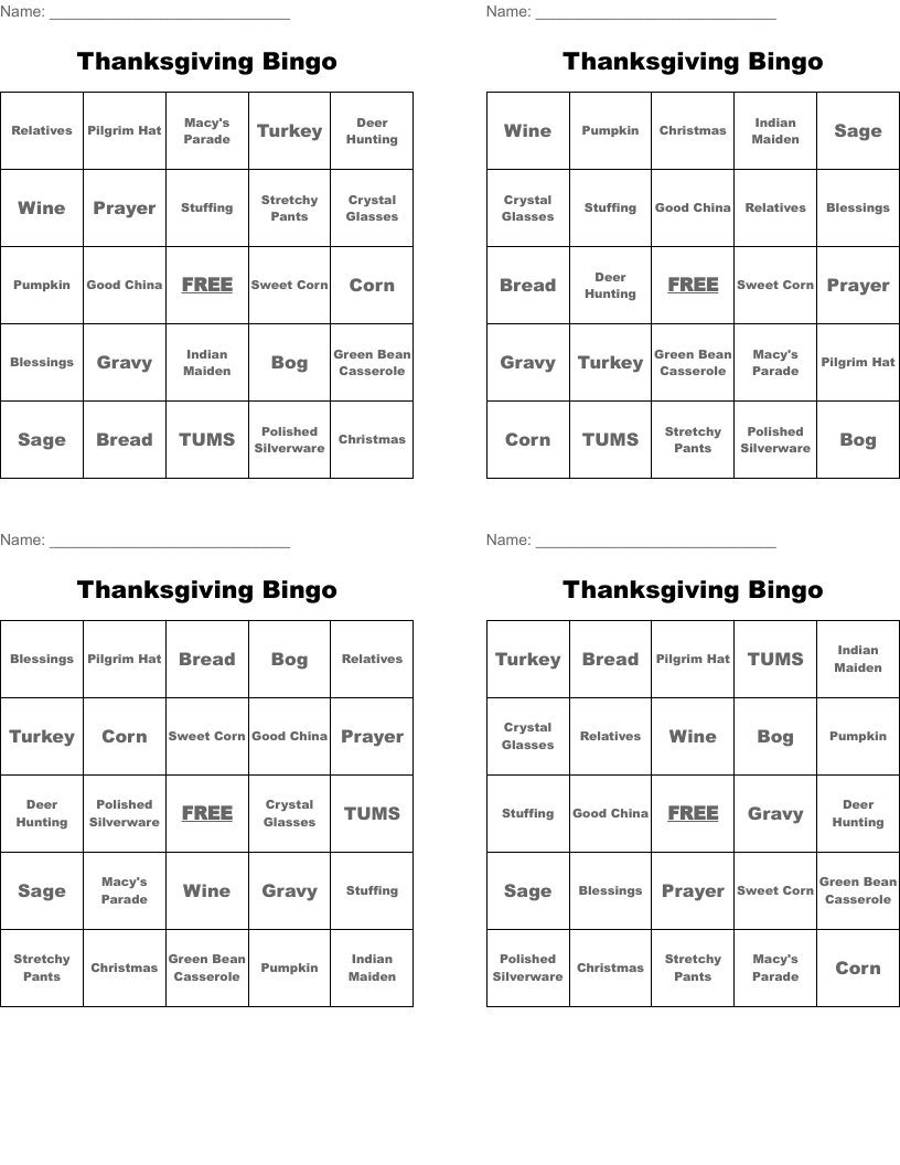 Thanksgiving Bingo
