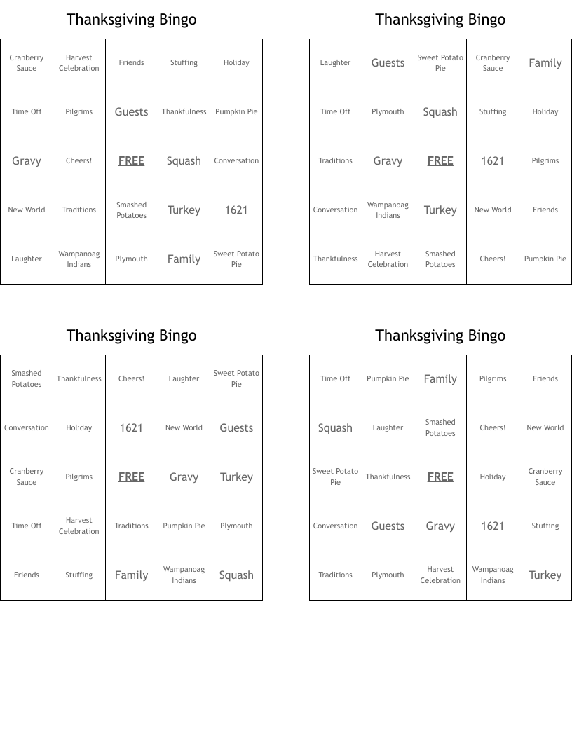 Thanksgiving Bingo