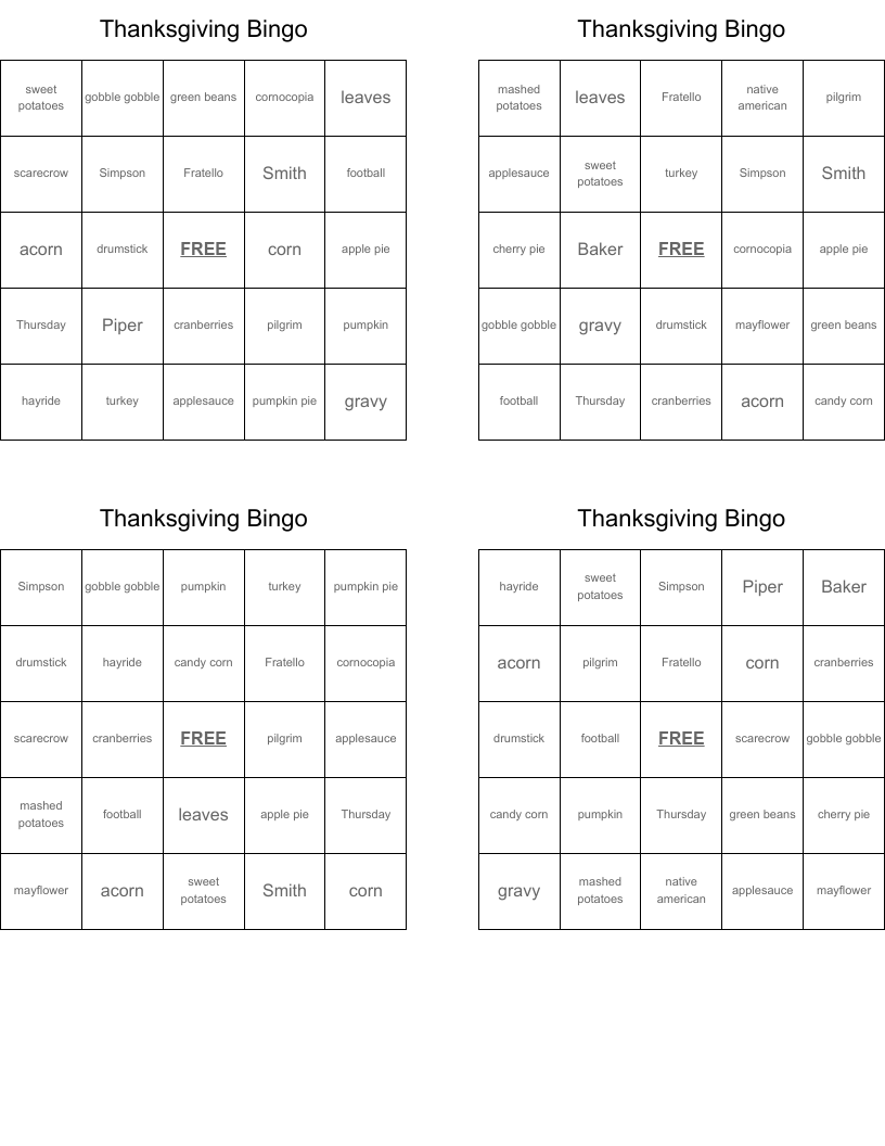 Thanksgiving Bingo