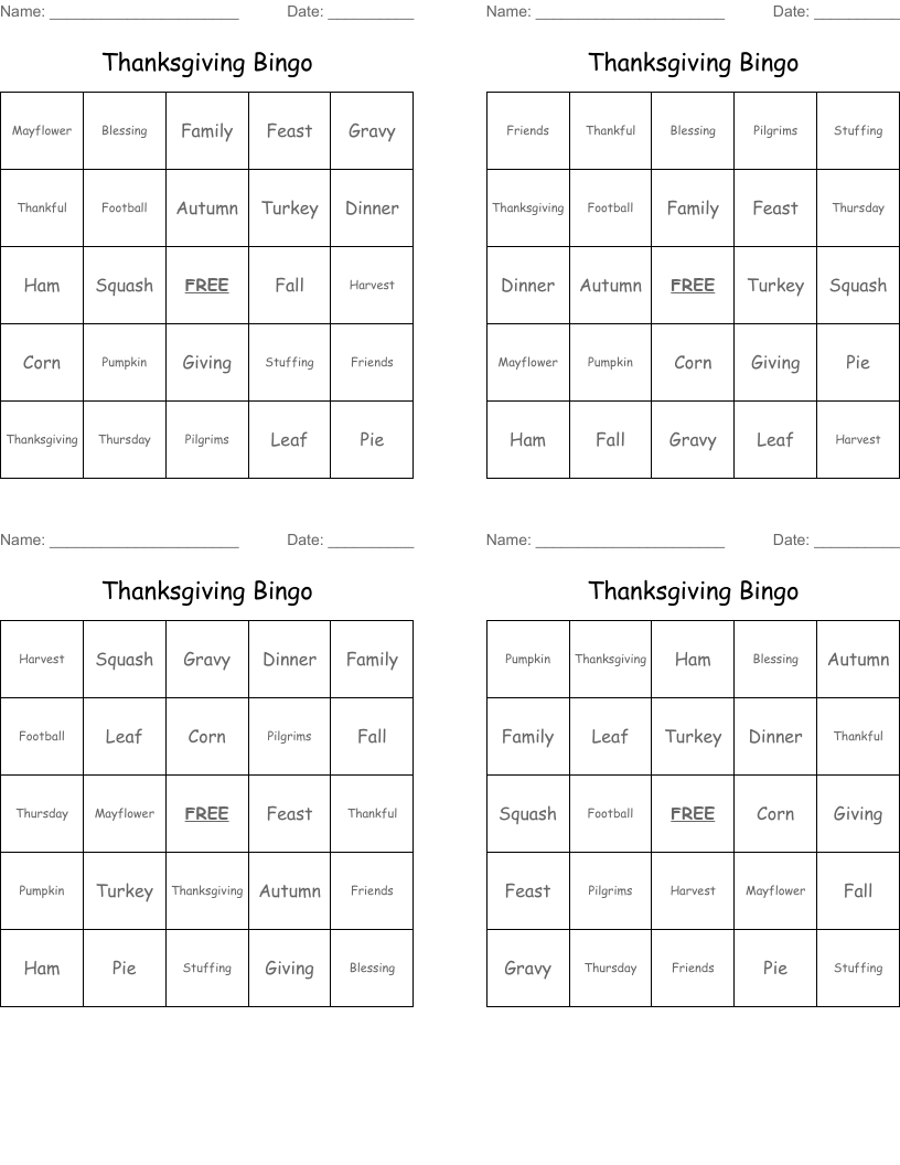 Thanksgiving Bingo
