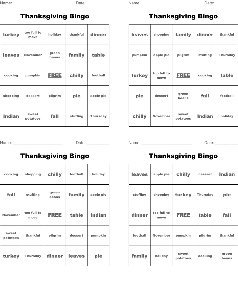 Thanksgiving Bingo