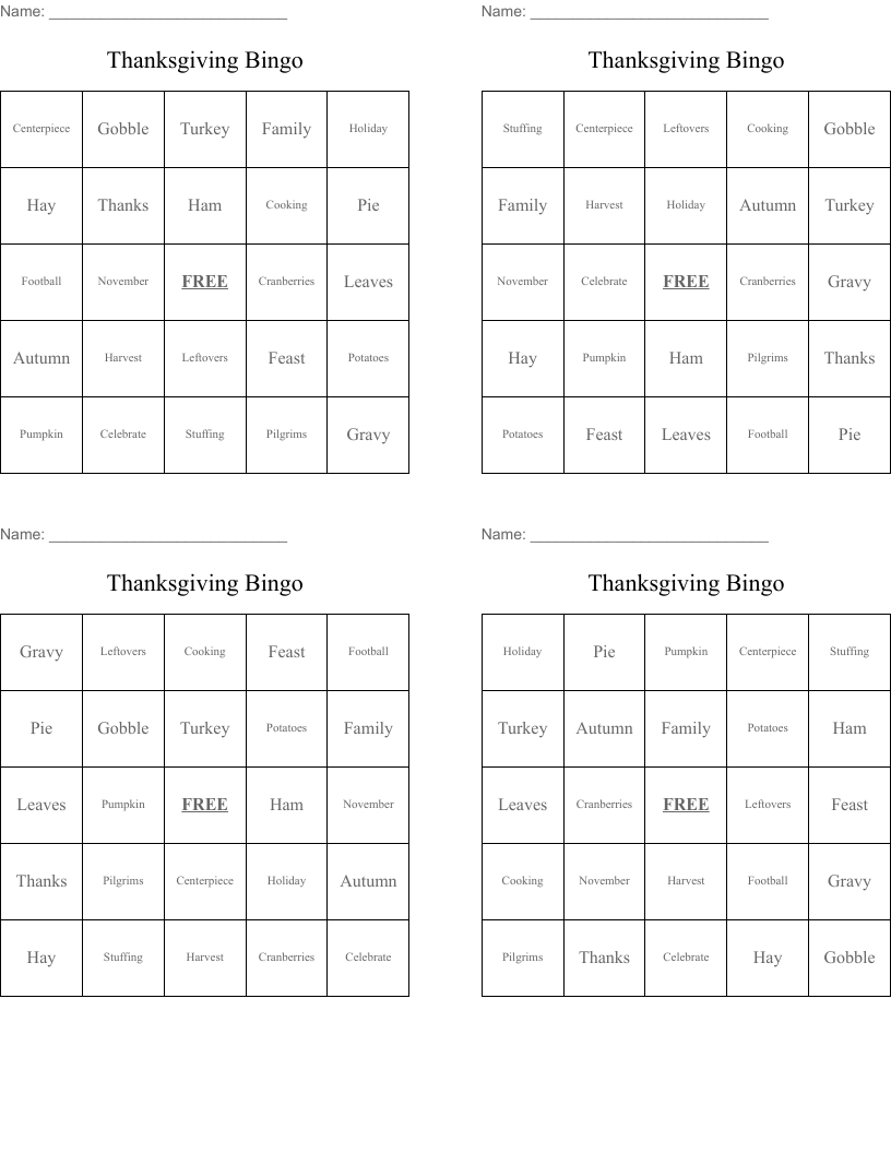 Thanksgiving Bingo