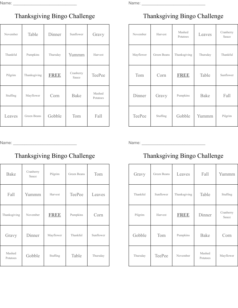 Thanksgiving Bingo Challenge