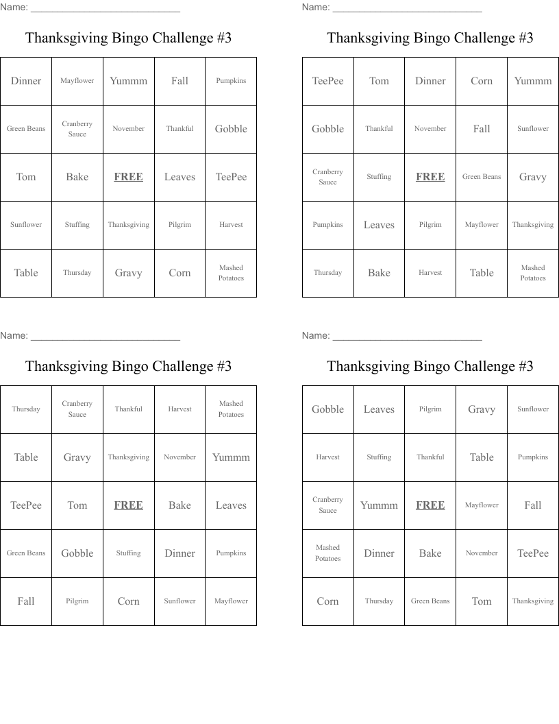 Thanksgiving Bingo Challenge #3