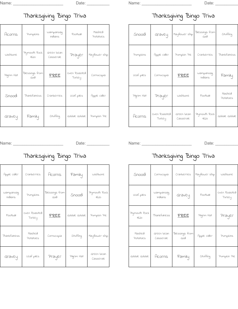 Thanksgiving Bingo Triva