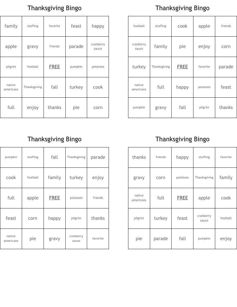 Thanksgiving Bingo 