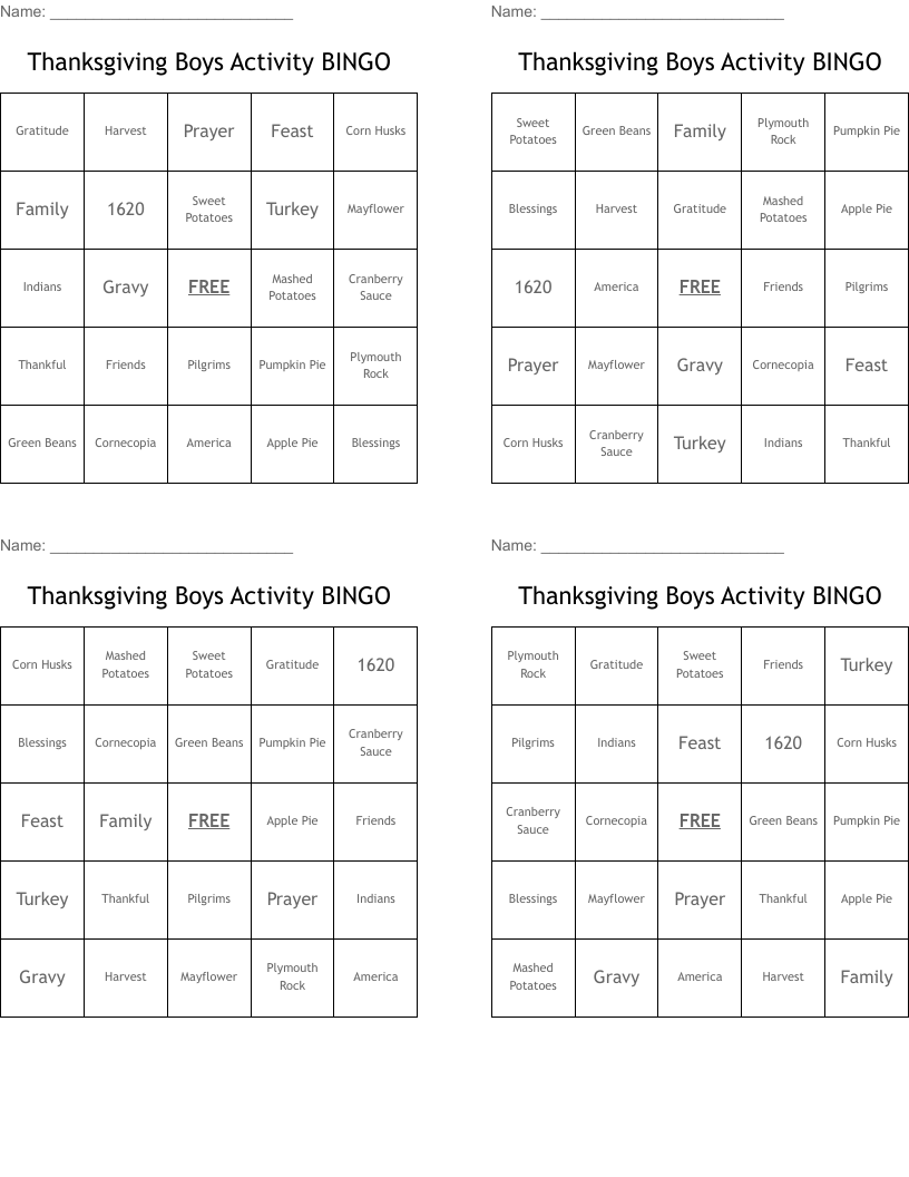 Thanksgiving Boys Activity BINGO