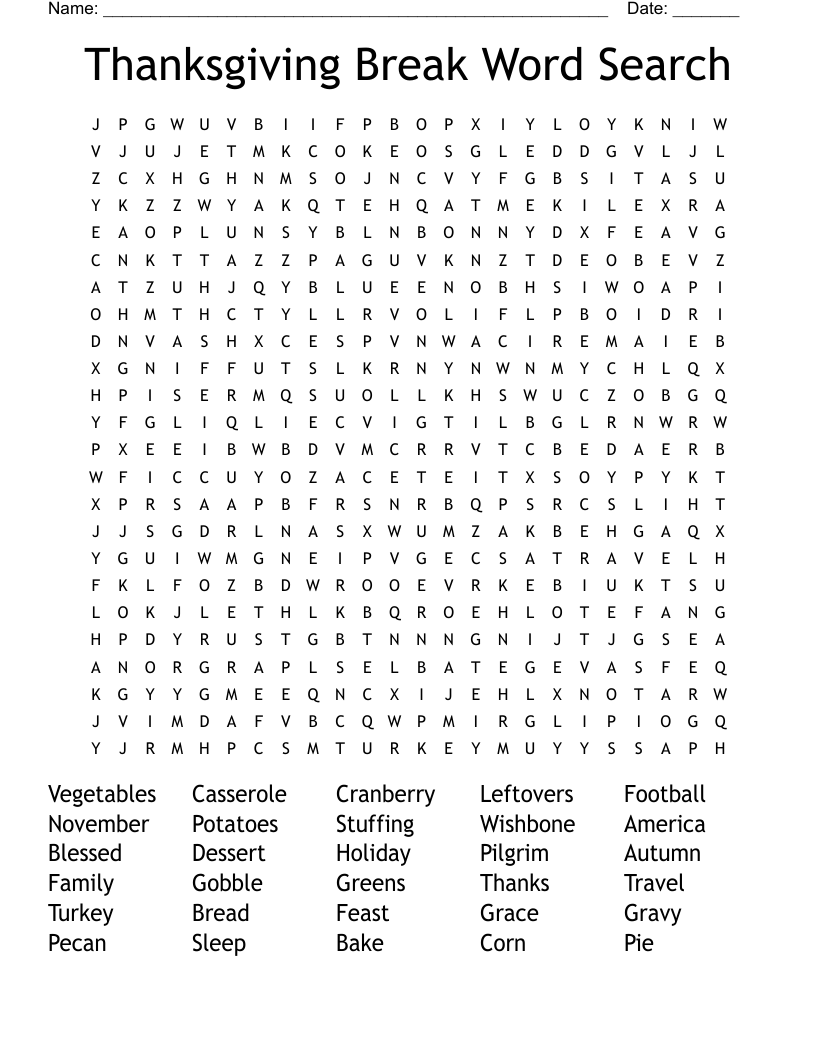 Thanksgiving Break Word Search