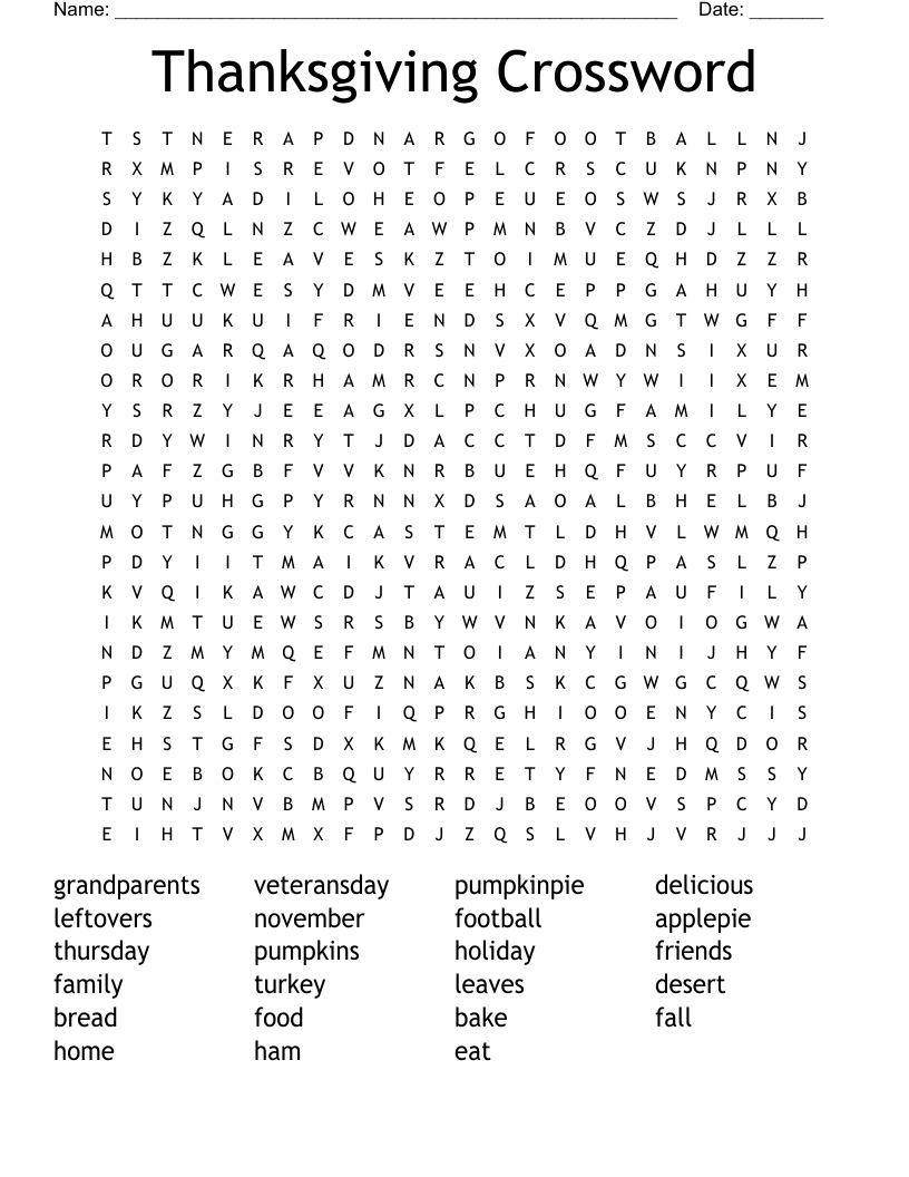Thanksgiving Crossword Word Search