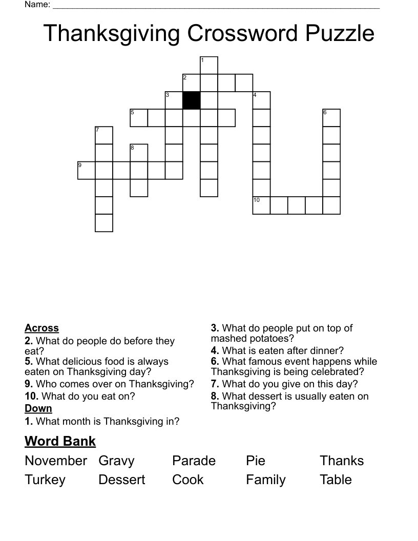 Thanksgiving Crossword Puzzle