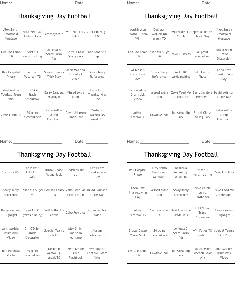 Thanksgiving Day Football Bingo Cards