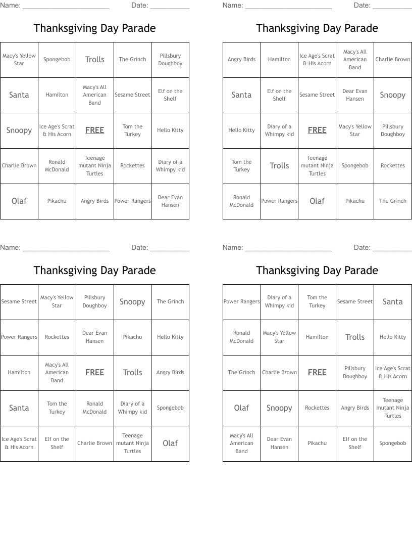 Thanksgiving Day Parade Bingo Cards