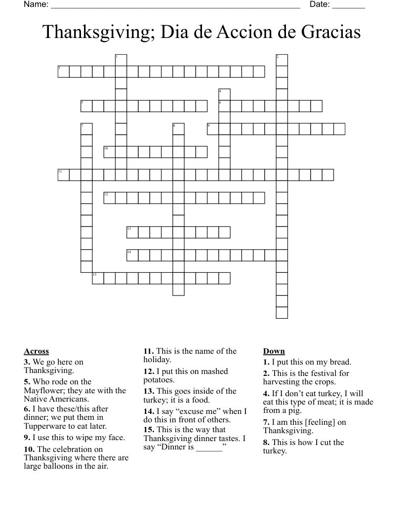 Thanksgiving; Dia de Accion de Gracias Crossword