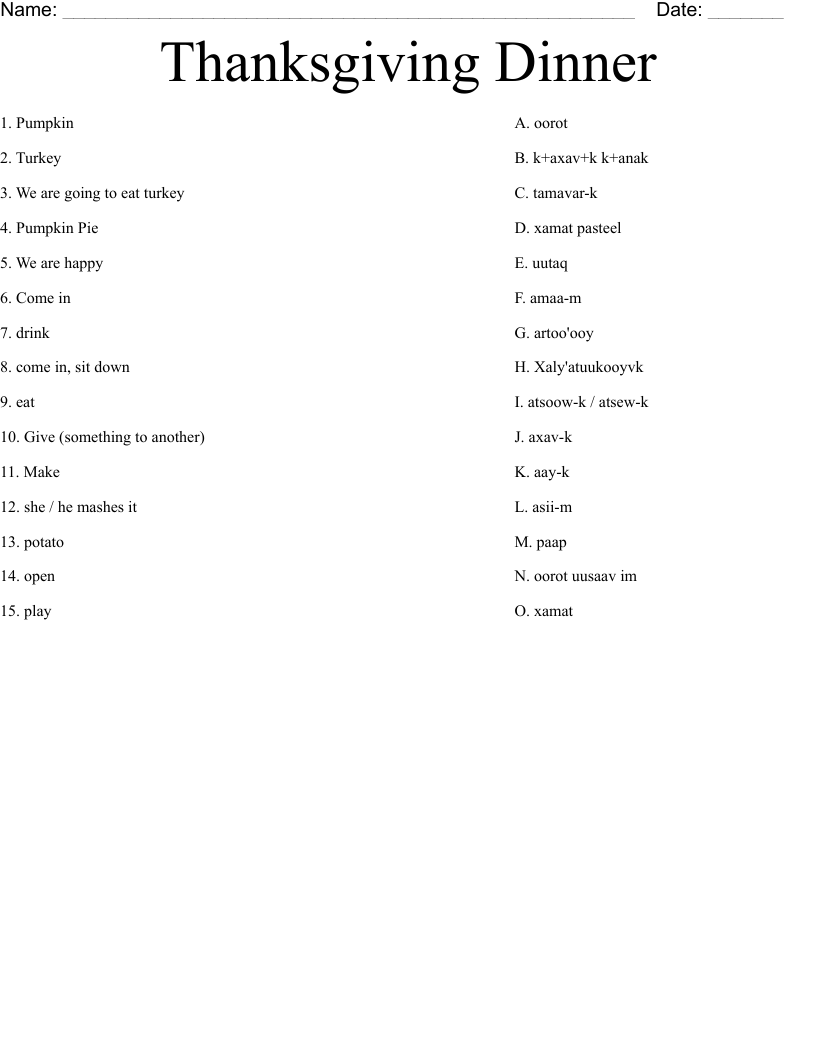 Thanksgiving Dinner Worksheet