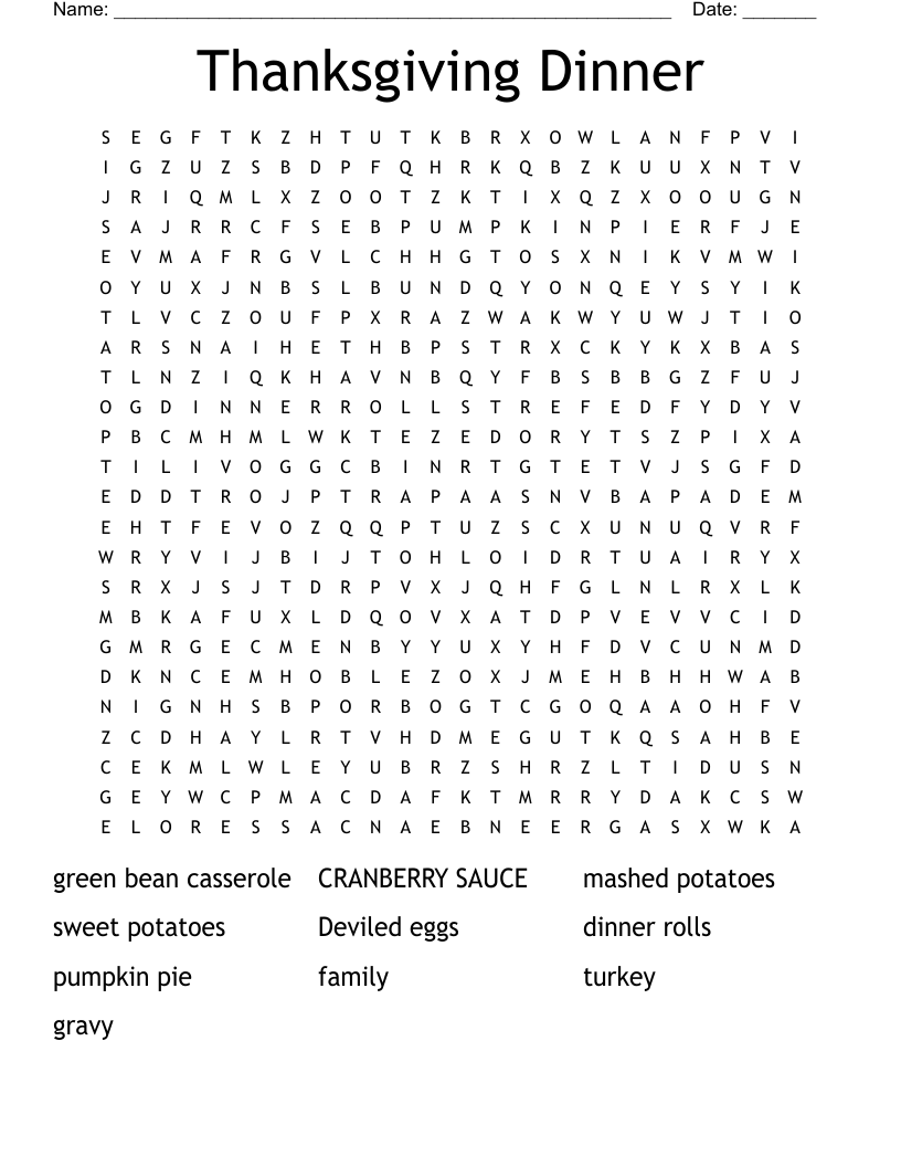 Thanksgiving Dinner Word Search