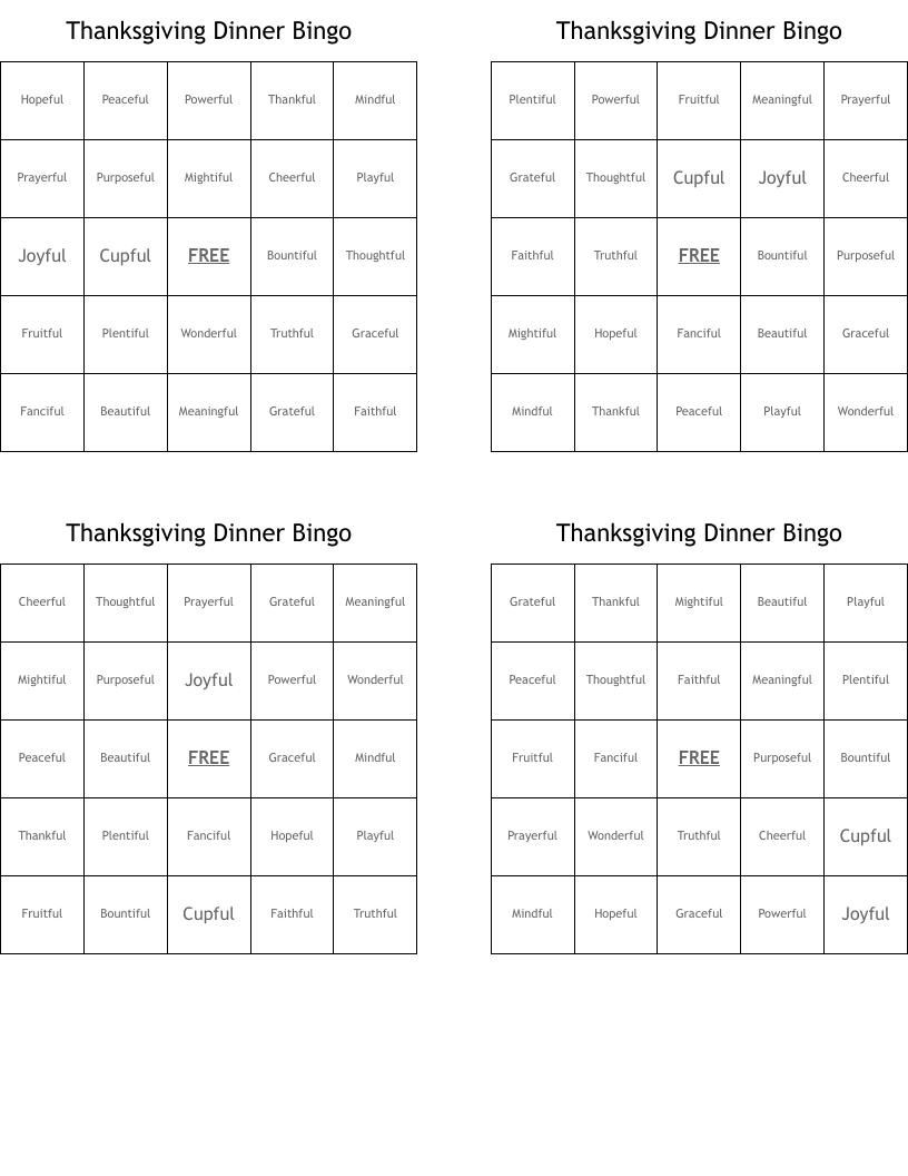 Thanksgiving Dinner Bingo