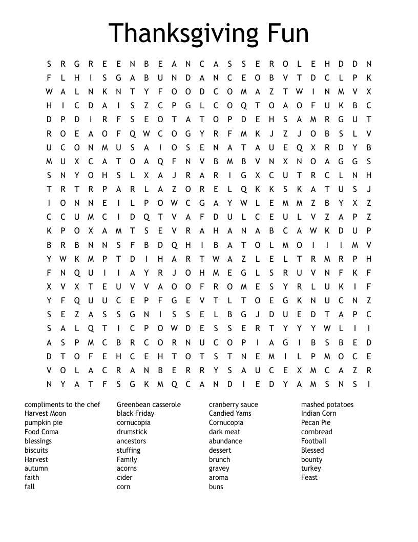 Thanksgiving Fun Word Search