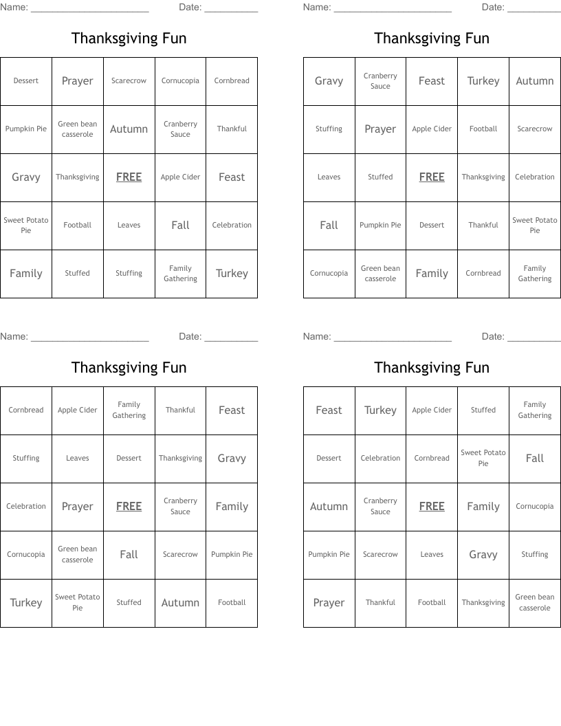 Thanksgiving Fun  Bingo Cards
