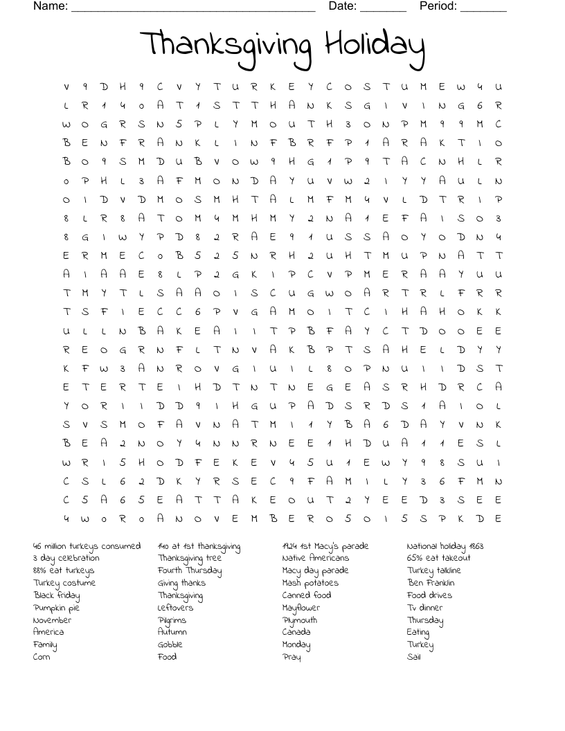 Thanksgiving Holiday Word Search