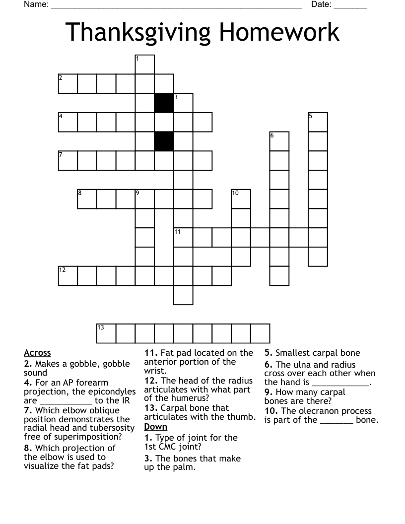 Thanksgiving Homework Crossword