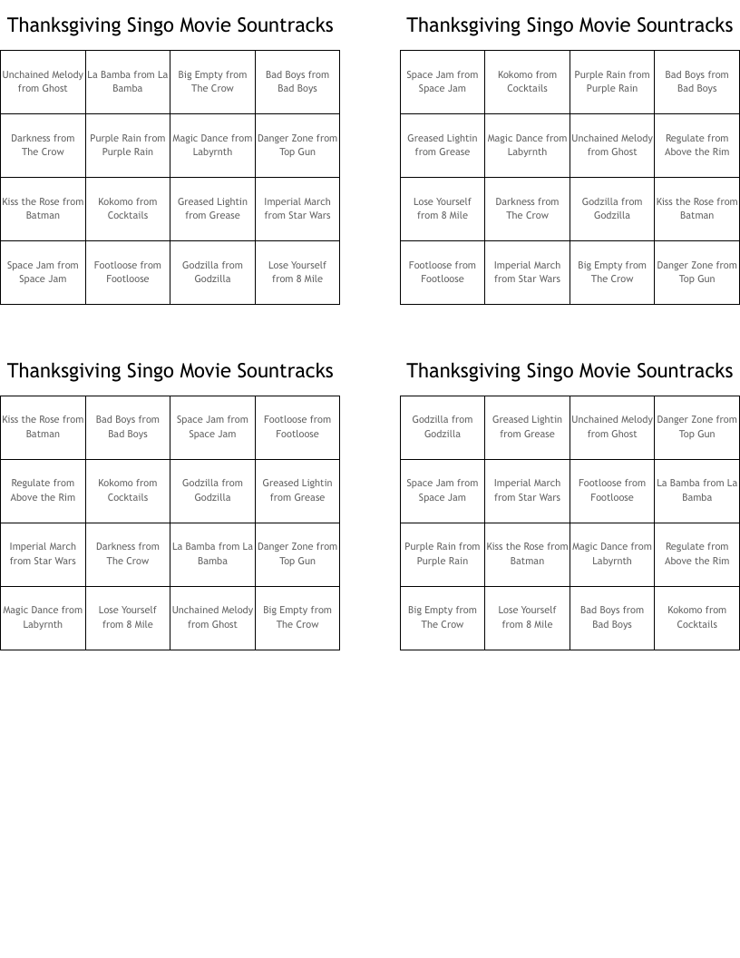 Thanksgiving Singo Movie Sountracks Bingo Cards
