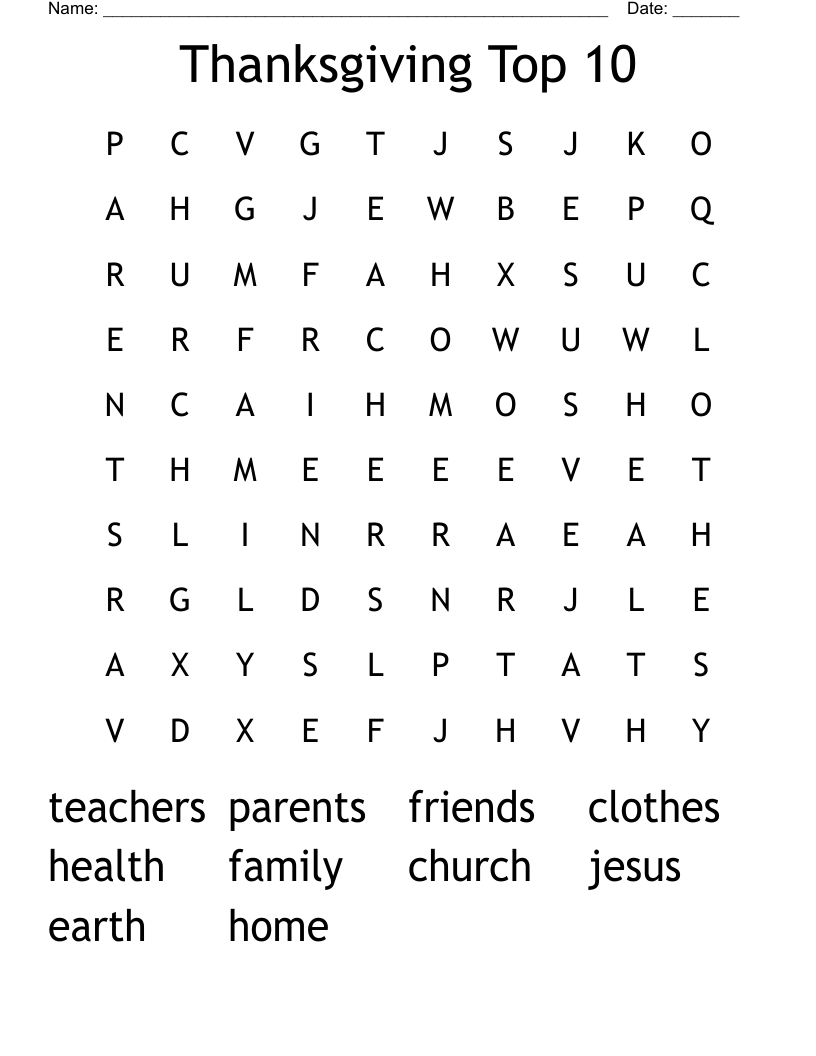 Thanksgiving Top 10 Word Search