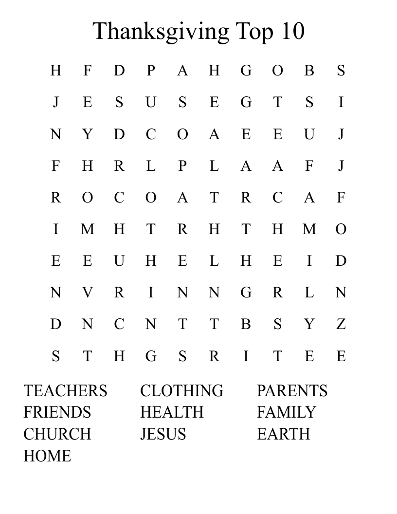 Thanksgiving Top 10 Word Search