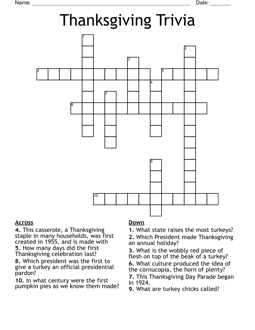 Thanksgiving Trivia Crossword