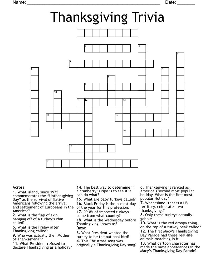 Thanksgiving Trivia Crossword