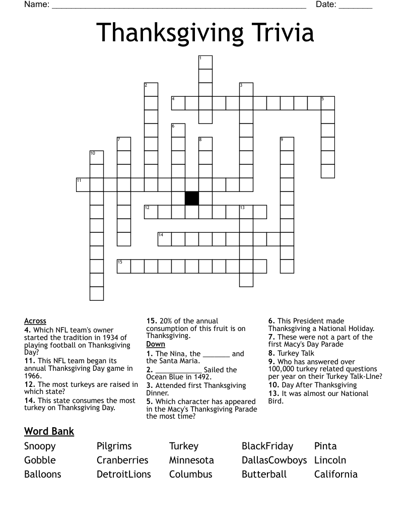 Thanksgiving Trivia Crossword