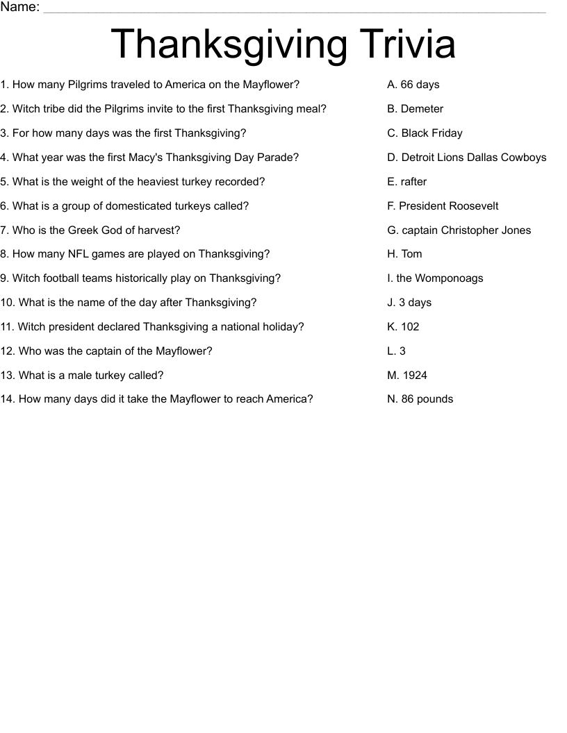 Thanksgiving Trivia Worksheet