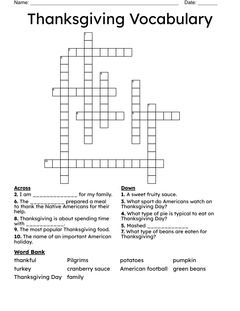 Thanksgiving Vocabulary Crossword