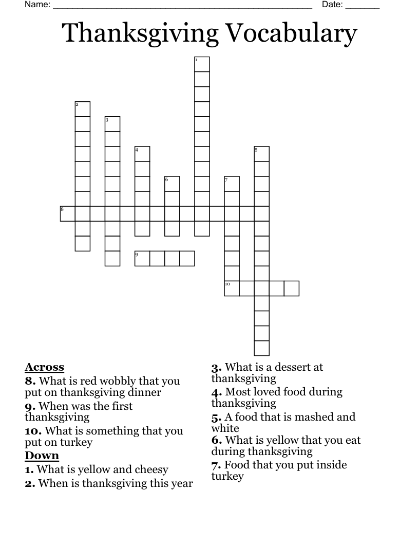 Thanksgiving Vocabulary Crossword