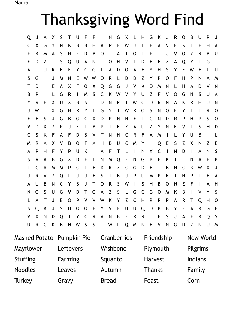 Thanksgiving Word Find Word Search