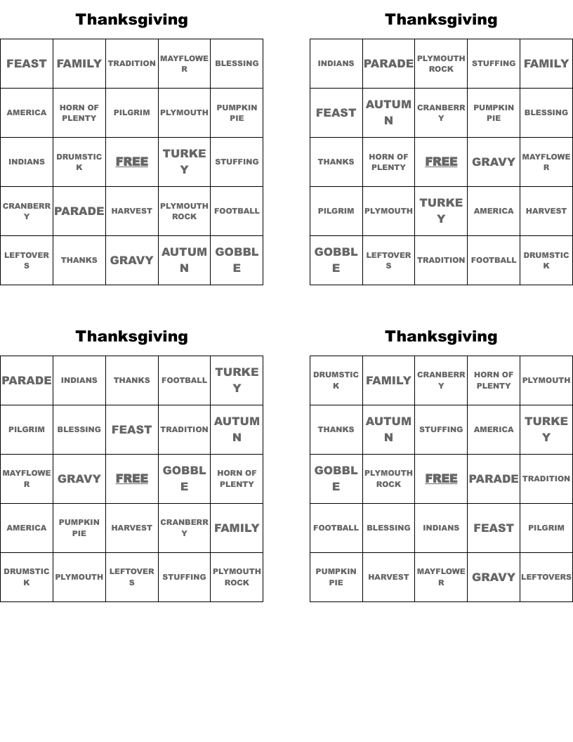 Thanksgiving  Bingo Cards
