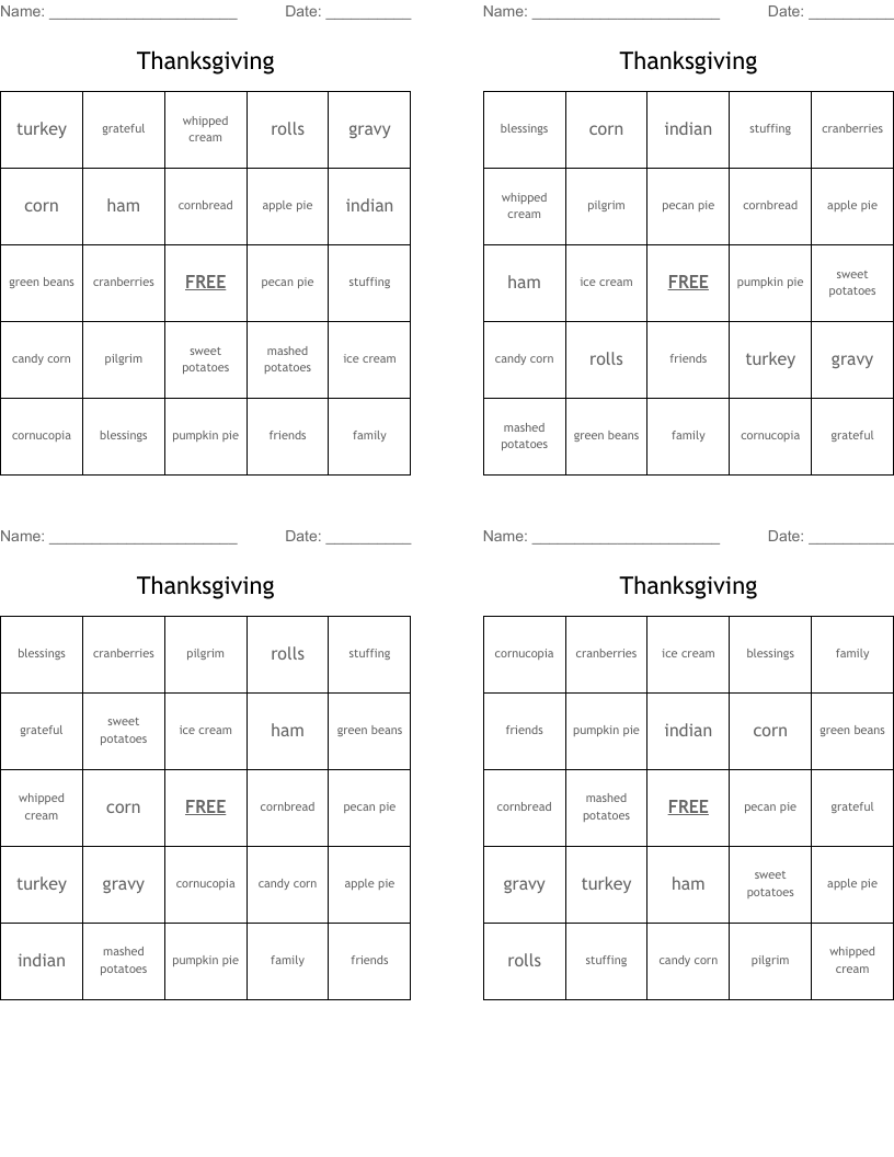 Thanksgiving  Bingo Cards