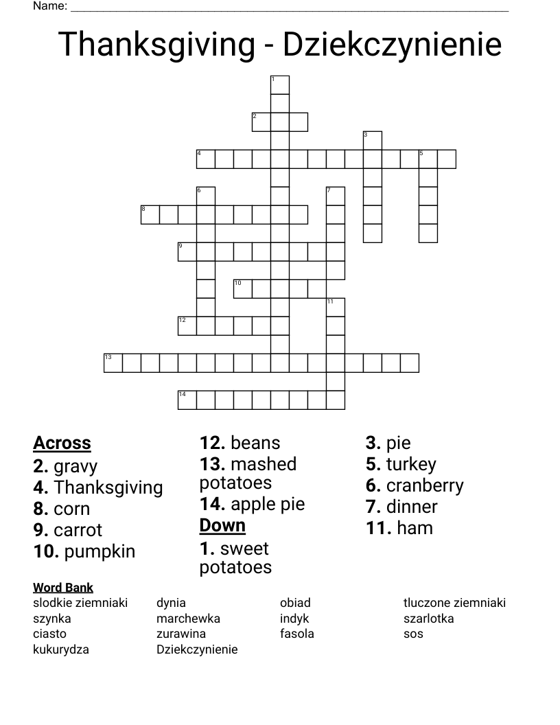 Thanksgiving - Dziekczynienie Crossword