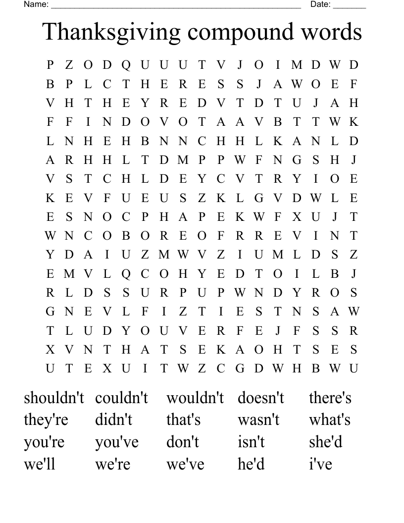 Thanksgiving compound words Word Search