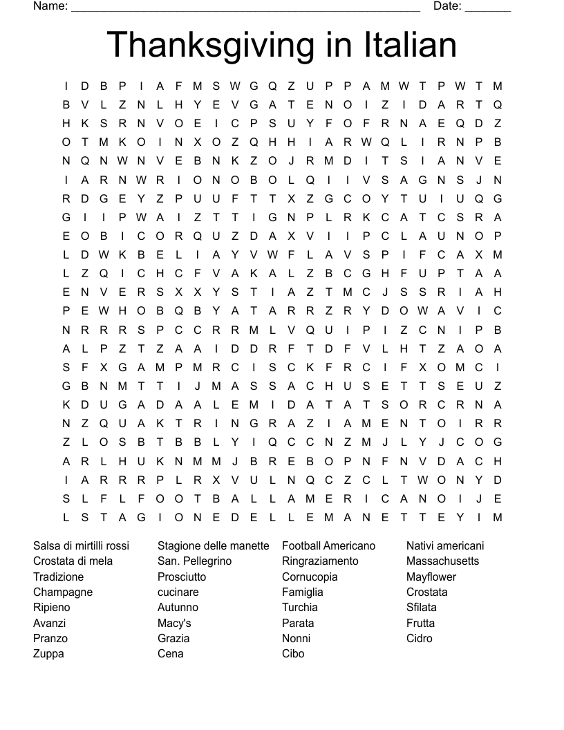 Thanksgiving in Italian Word Search