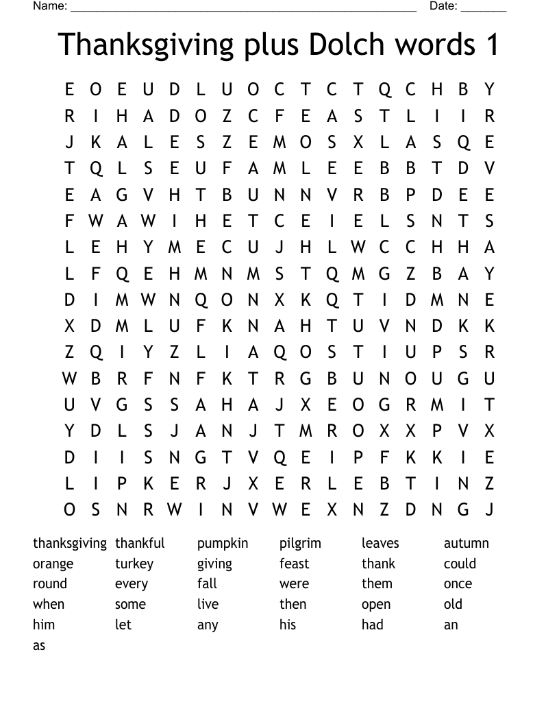Thanksgiving plus Dolch words 1 Word Search