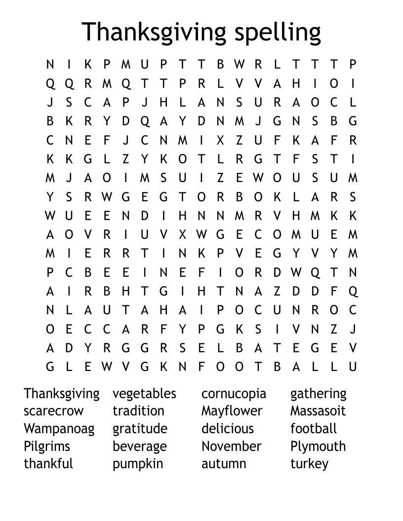 Thanksgiving spelling  Word Search