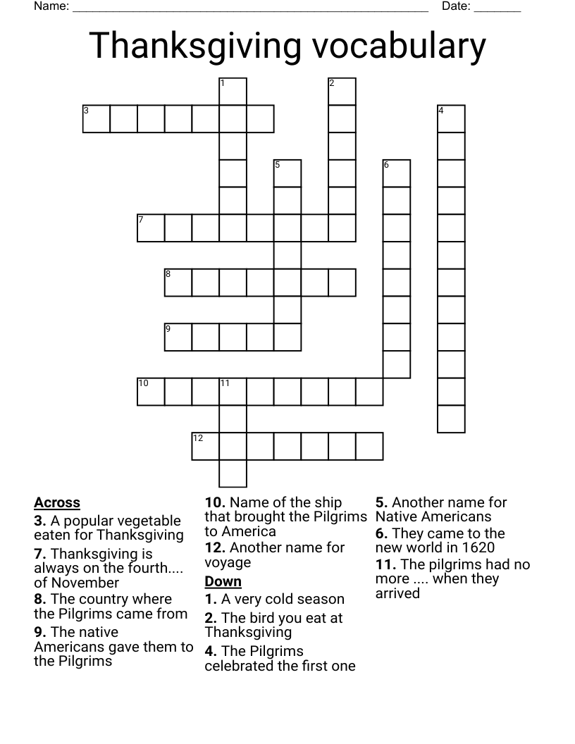 Thanksgiving vocabulary  Crossword