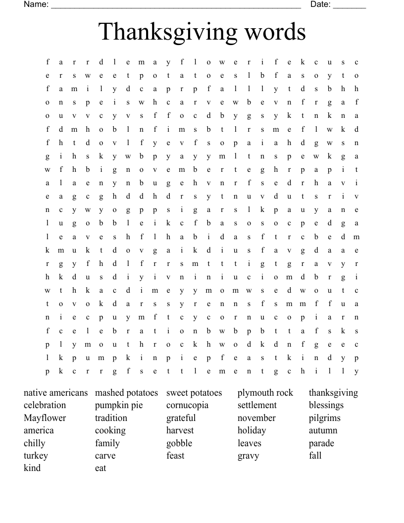 Thanksgiving words Word Search
