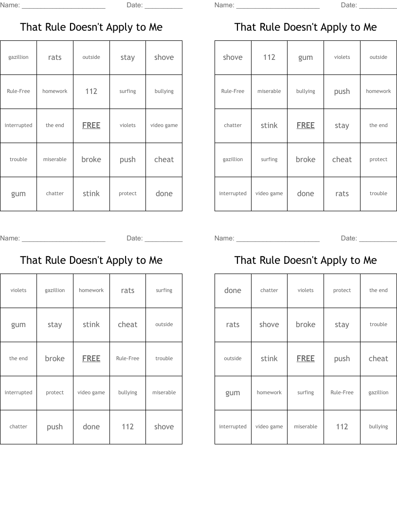 That Rule Doesn't Apply to Me  Bingo Cards